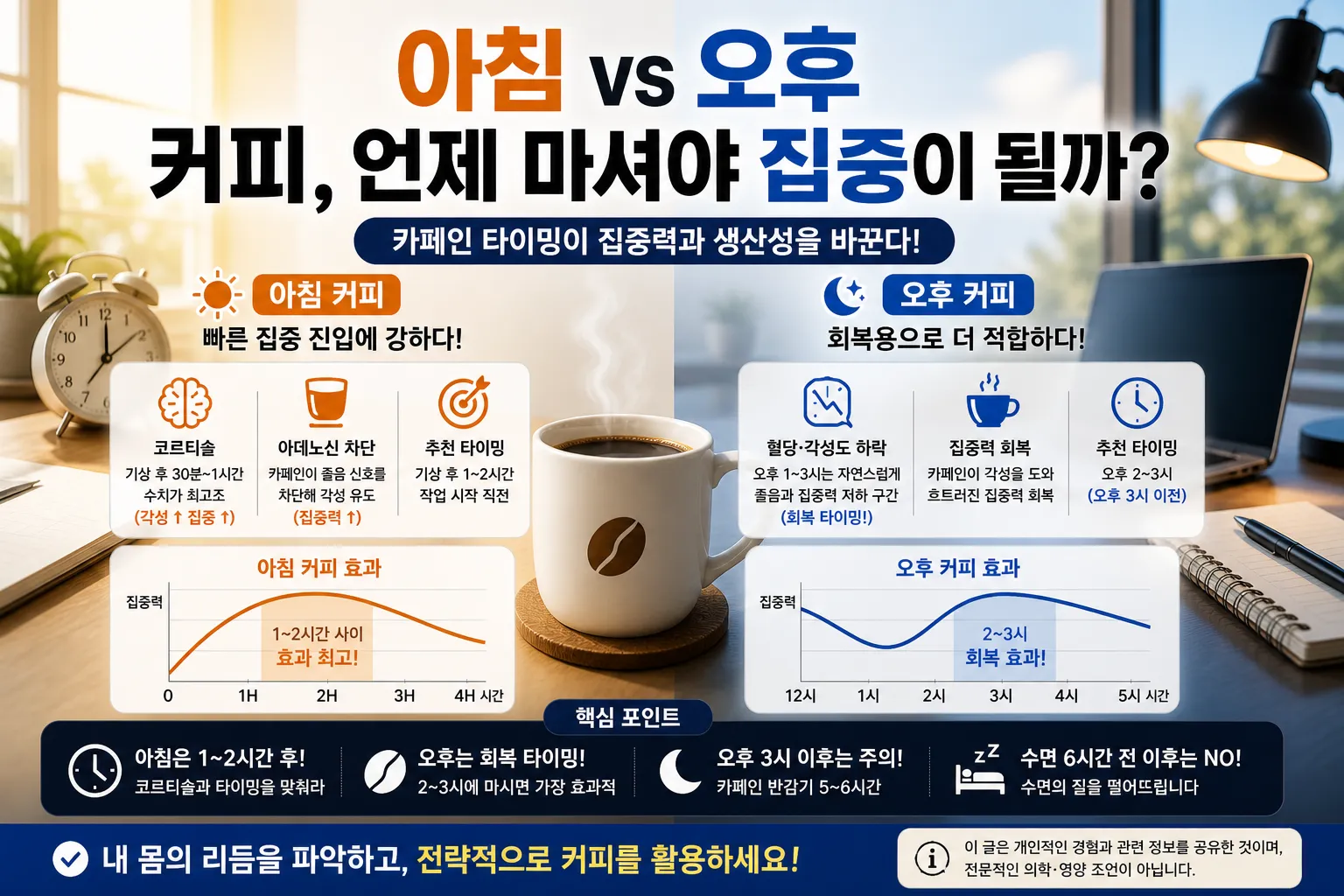 아침·오후 커피 집중력 (카페인 타이밍, 코르티솔, 아데노신)