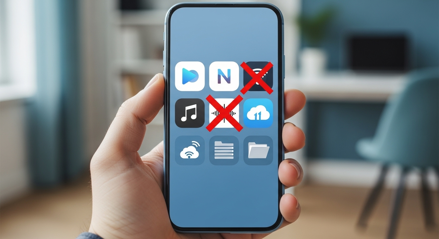 스마트폰 화면에 구독 서비스 앱 아이콘들이 보이며, 일부는 해지되어 지출 관리를 나타냄