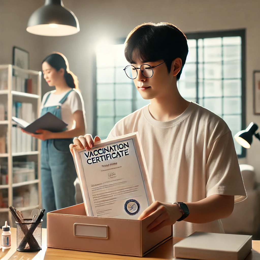 한국인이 예방접종 완료 후 증명서를 보관하는 모습