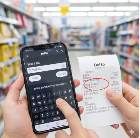다이소 앱 검색창에 상품 번호(품번)를 입력하는 화면과 품번이 강조된 영수증 이미지