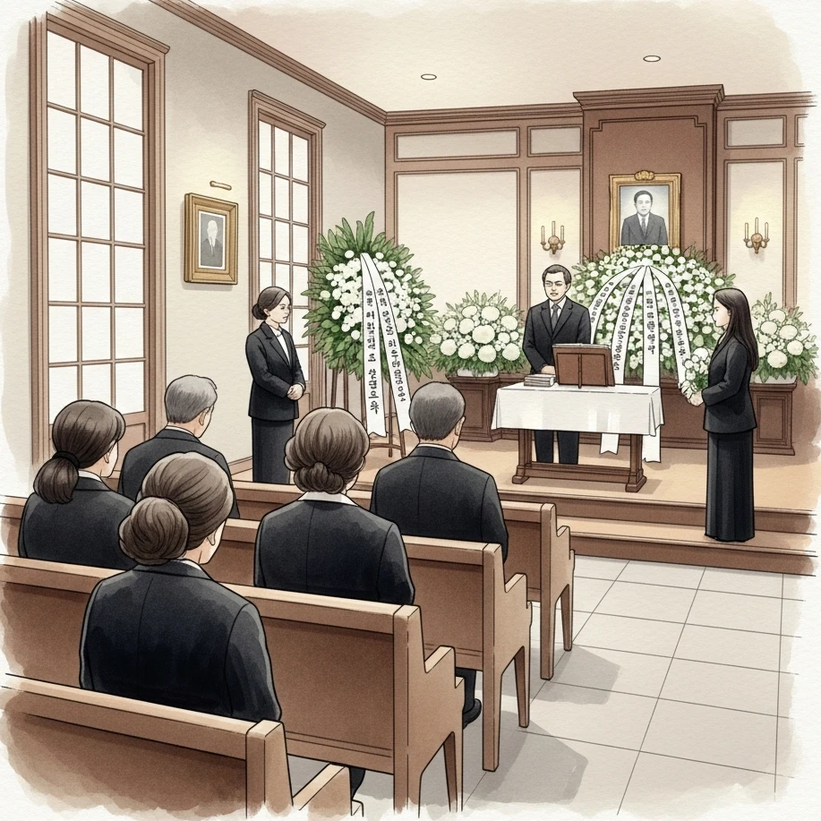 49재 참석자가 단정한 복장으로 앉아 있는 모습