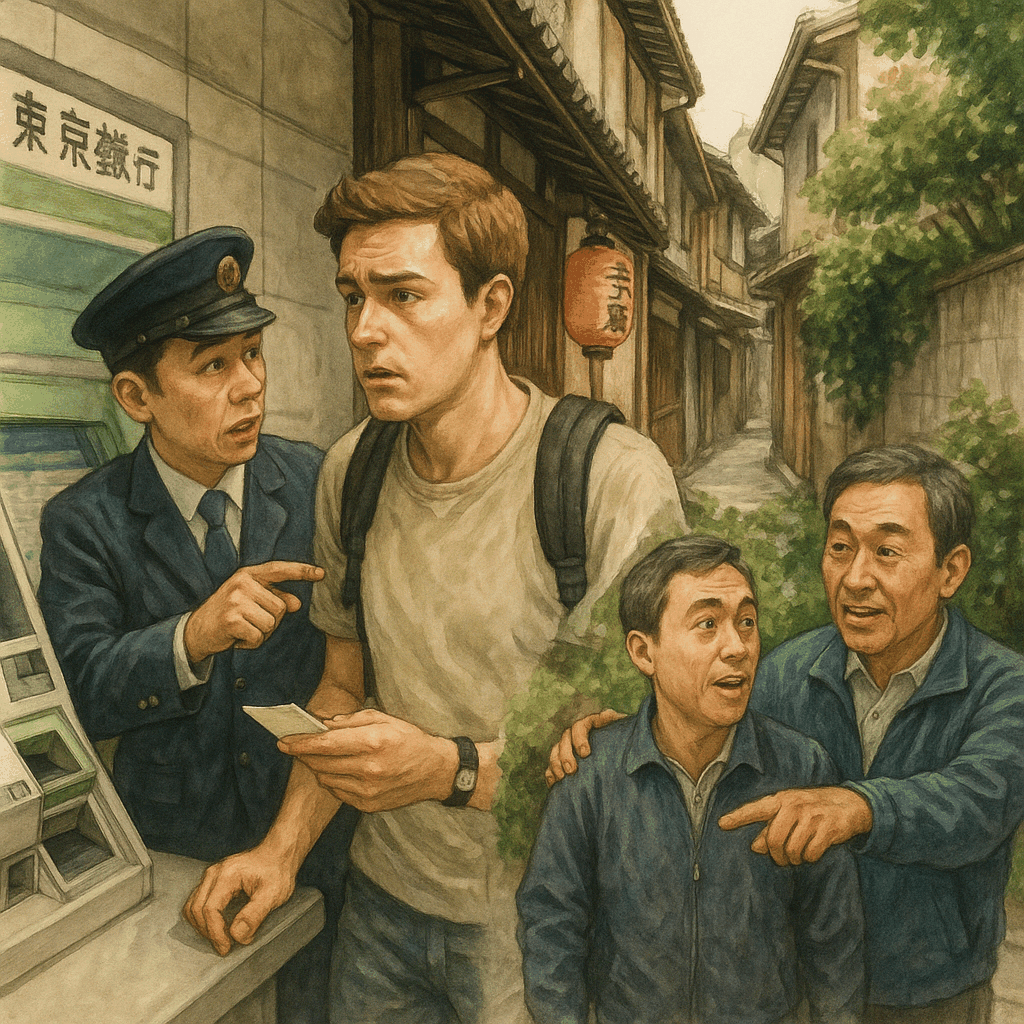 지하철 매표기 앞에서 당황한 여행자, 교토 골목을 헤매는 모습, 그리고 현지인이 다정히 길을 안내하는 장면이 한데 어우러진 수채화 스타일 일러스트