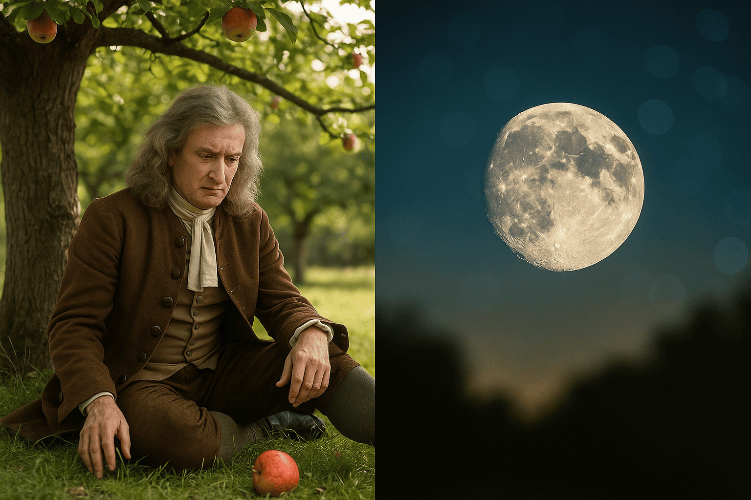 뉴턴이 사과가 떨어지는 모습을 보고 영감을 얻는 장면 묘사한 이미지