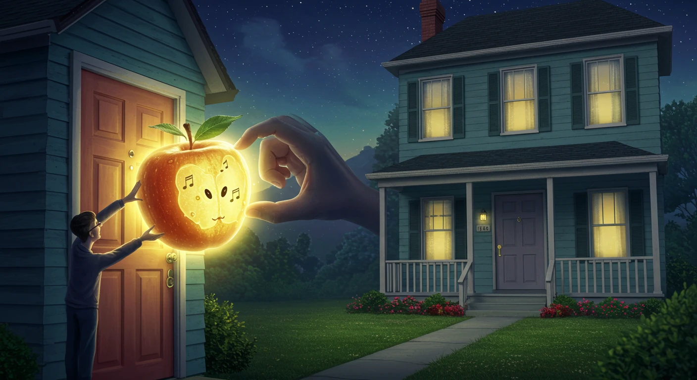 장소법 기억술을 활용해 현관문에 '사과' 이미지를 우스꽝스럽게 연상하여 배치하는 모습.