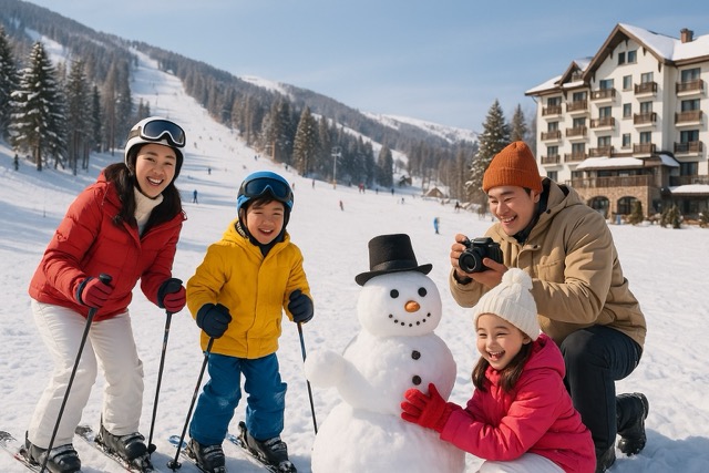 스키장에서 함께 즐기는 가족 모습