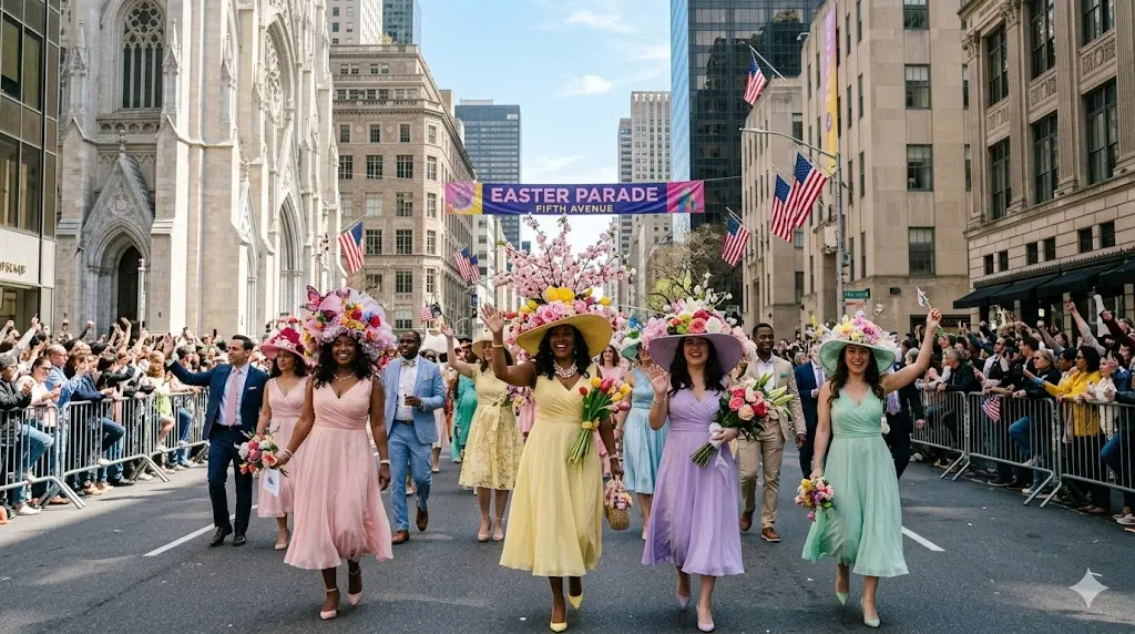 파스텔톤 드레스와 화려한 꽃장식 모자를 쓰고 뉴욕 5번가 부활절 퍼레이드에서 환하게 웃으며 행진하는 미국인들의 모습
