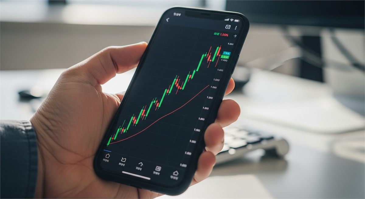 한국 직장인이 스마트폰으로 반도체주 상승 흐름을 확인하는 장면 