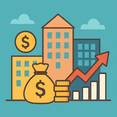 세 개의 건물을 배경으로,금전 가방, 금화 더미, 상승하는 빨간 화살표가 배치된 부동산 투자 그림