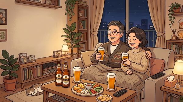 중년의 한국인 부부가 거실에서 맥주를 마시며 영화를 보는 장면. 거실 테이블에는 맥주 전용 잔에 20% 정도 거품이 보이는 맥주와 안주로 치즈, 신선한 채소 스틱이 보임. 이미지는 만화풍으로 하고 시간대는 저녁, 전체적인 분위기는 평온하고 편화로움
