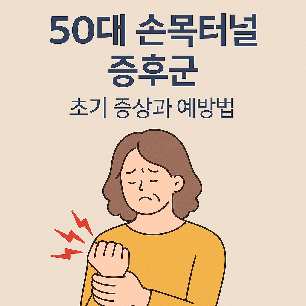 손목터널증후군을 설명하는 2D 일러스트, 손목 통증과 보호를 강조하는 이미지