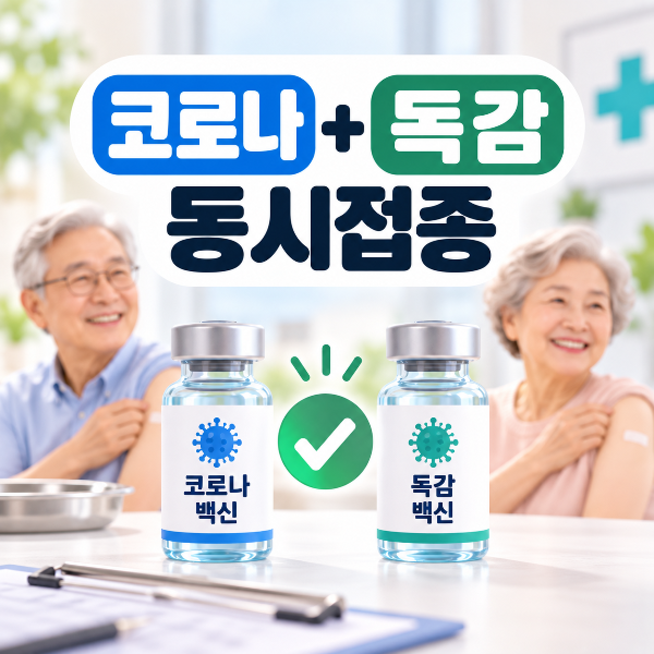 코로나와 독감 예방접종을 동시에 받을 수 있음을 표현한 이미지