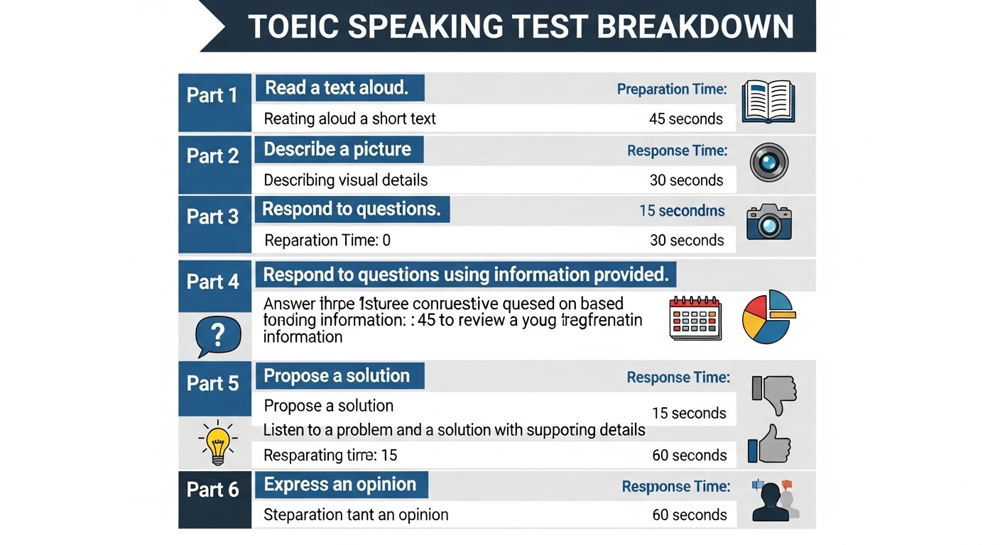 토익스피킹 시험 파트별 구성 인포그래픽, 각 파트의 유형, 준비 시간, 답변 시간을 시각적으로 요약