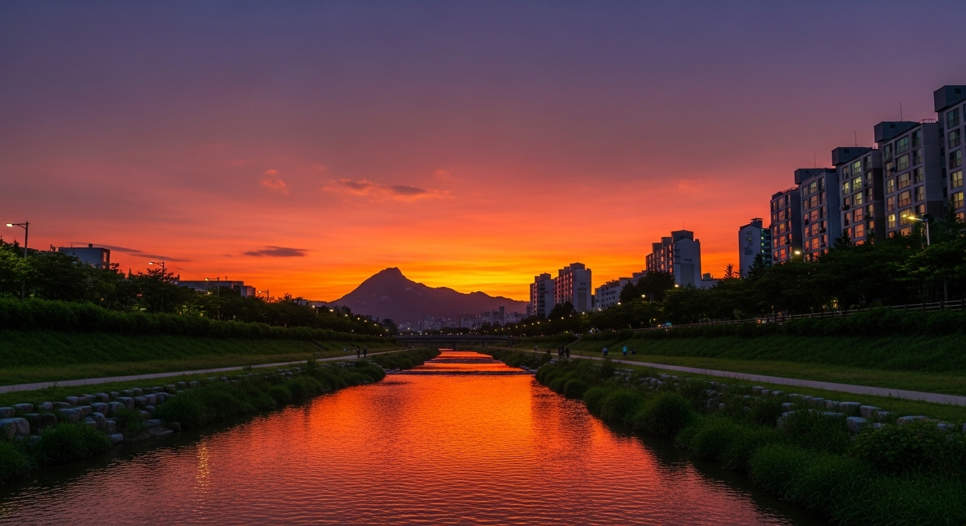 중랑천에서 바라보는 노을과 봉화산