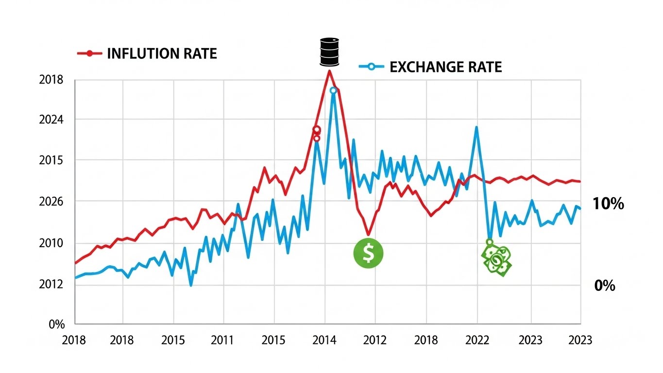 Economic chart showing inflation rate and exchange rate trends, red and blue lines crossing on a grid background, with icons representing oil barrels and dollar signs, clean infographic style