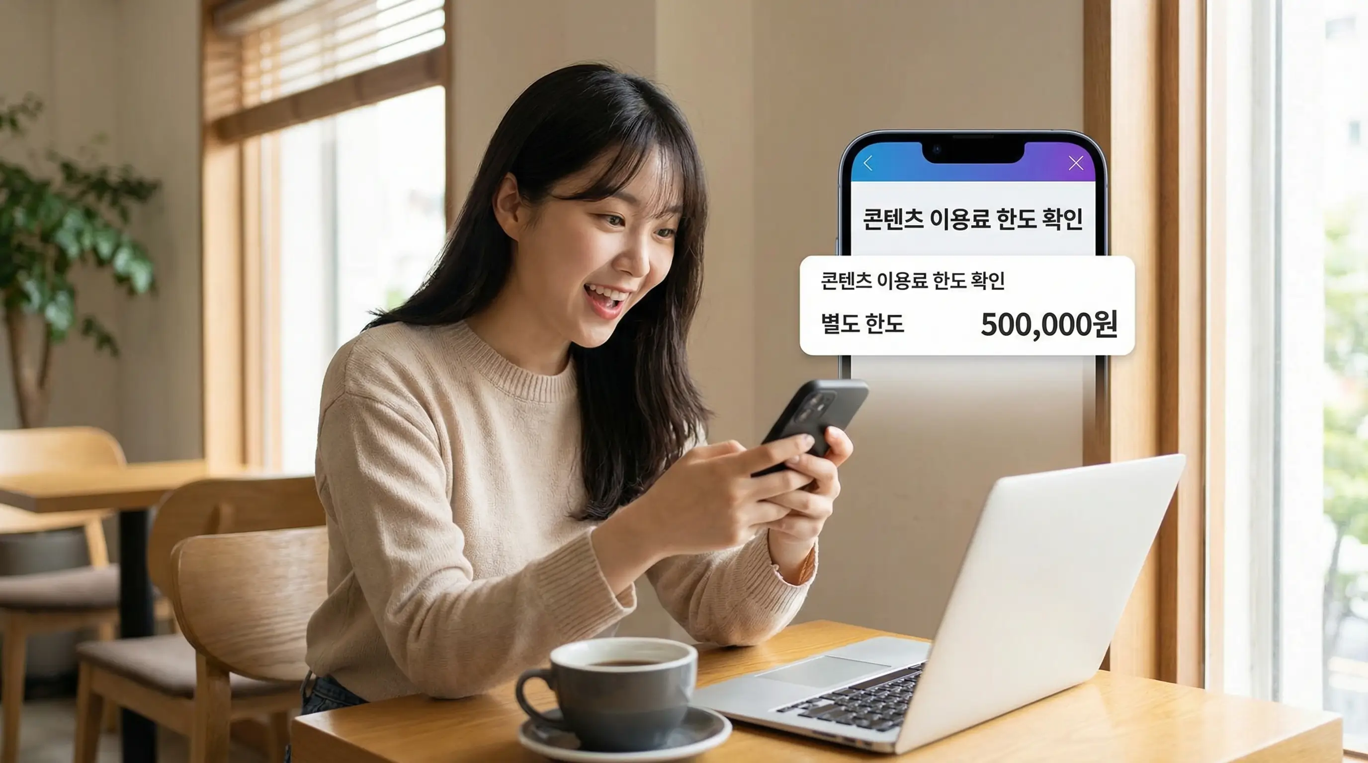 휴대폰 소액결제 한도와 별도로 존재하는 콘텐츠 이용료 한도를 확인하고 기뻐하는 모습