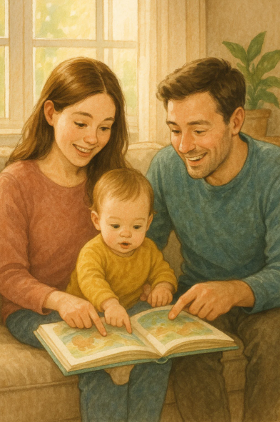 그림책을 보며 부모와 상호작용하는 1세 아기의 언어 자극 순간