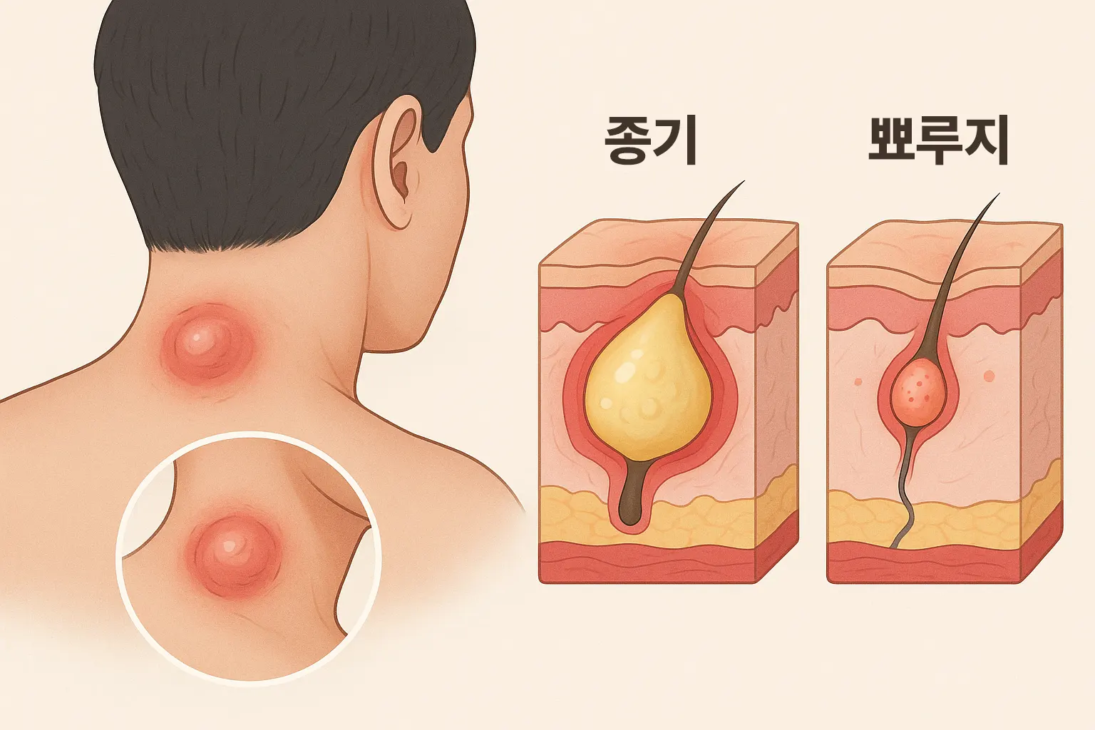 목 뒤와 생긴 종기, 피부가 붓고 고름이 차는 모습, 종기와 여드름의 차이