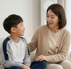 아이 옆에서 다정하게 이야기해주는 엄마의 모습