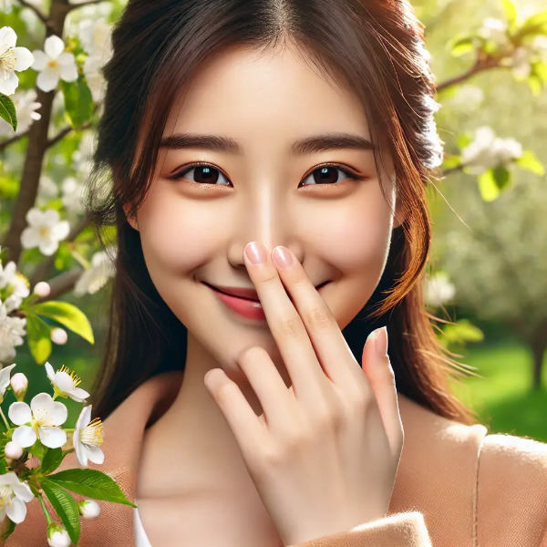 봄꽃 사이에서 건강한 미소를 짓는 동양인 여성