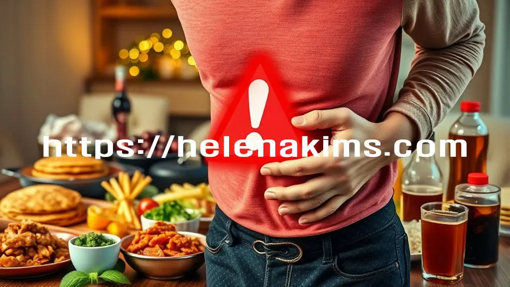 남성이 위장 질환으로 고통 받고 있고 남성의 뒷편에는 많은 음식들이 식탁 위에 차려져 있는 모습.