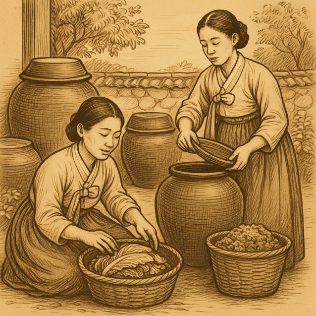장독대 옆에서 된장과 김치를 정성스럽게 담그는 조선 시대 여성들