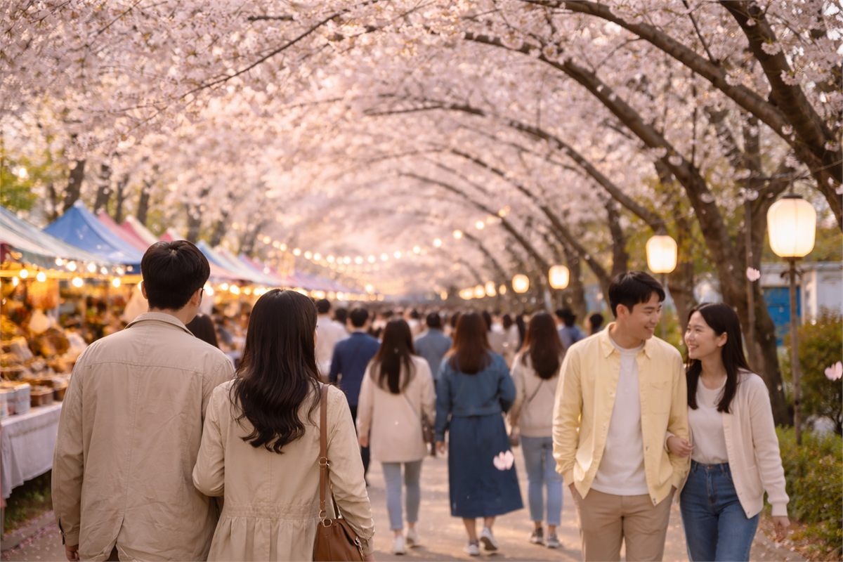 벚꽃길을 따라 천천히 걸으며 축제를 즐기는 방문객들