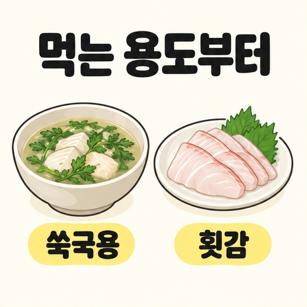 먹는 용도부터라는 문구 아래 쑥국용 국그릇과 횟감 접시를 나란히 보여주는 그림