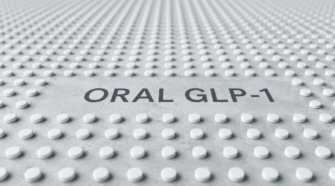 Grid arrangement of identical oral tablets symbolizing industrial mass manufacturing and volume scale for small-molecule weight loss drugs.