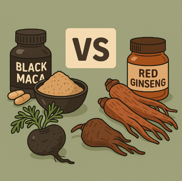 블랙마카와 홍삼의 원재료를 나란히 보여주는 일러스트 – 마카 뿌리와 인삼 뿌리의 비교