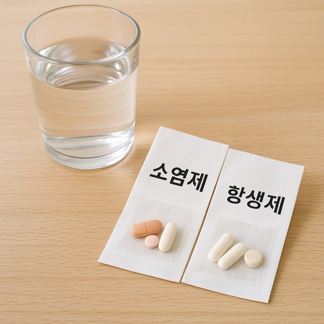 물 한 잔과 함께 놓인 소염제·항생제 약 봉투(출처: 자체제작)