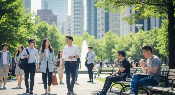 점심 시간 공원에서 직장인들이 걸으며, 대화하고 있는 모습