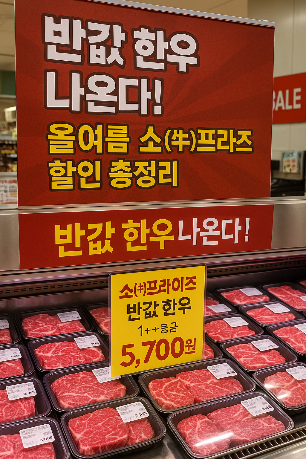 마트 한우 할인 코너 - 반값 한우 POP이 부착된 진열장과 포장된 등심 한우