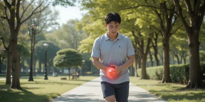 무릎 안쪽 통증을 느끼며 걷는 남성