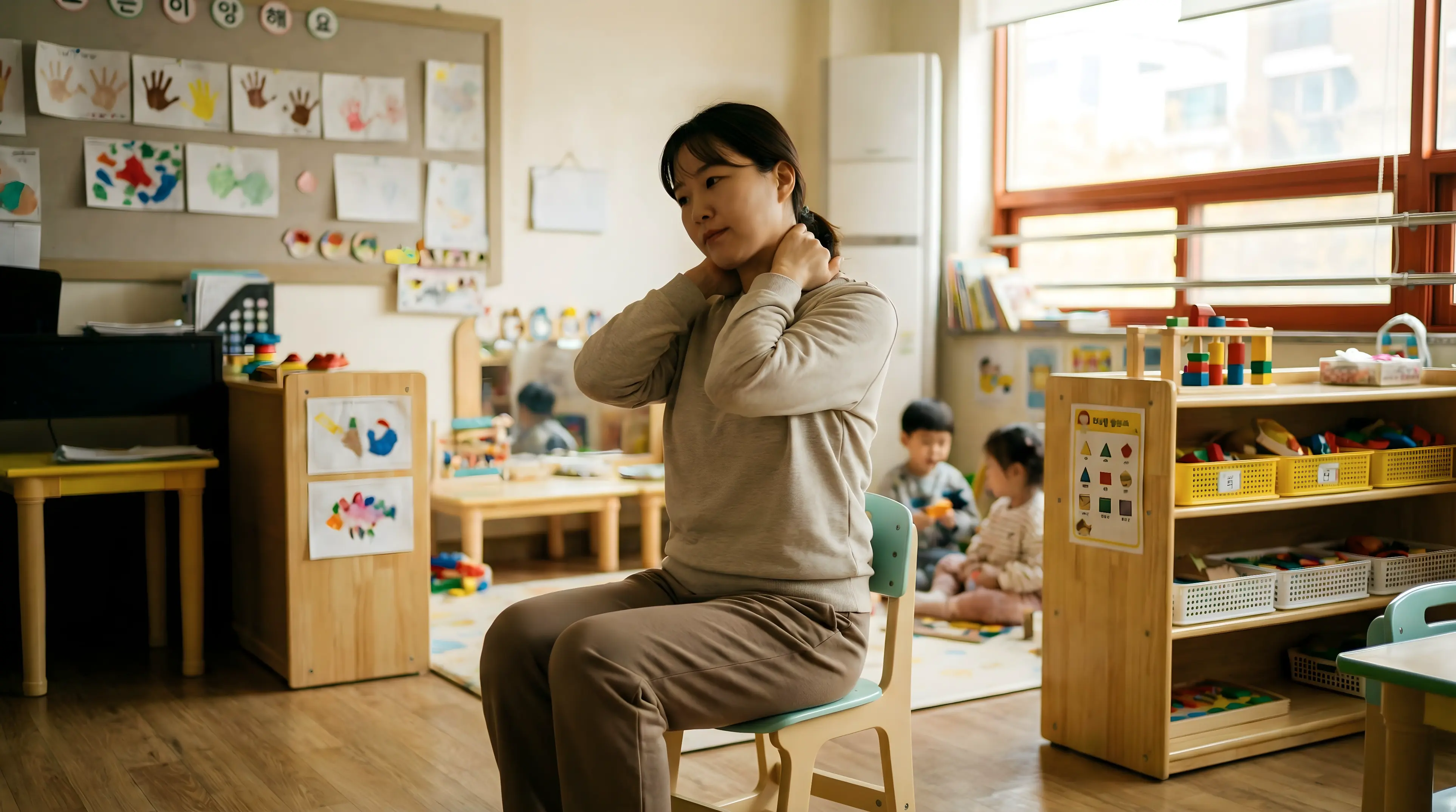 어린이집 교사가 근무 중 반복된 자세로 인해 어깨와 목의 피로를 느끼며 휴식을 취하는 모습