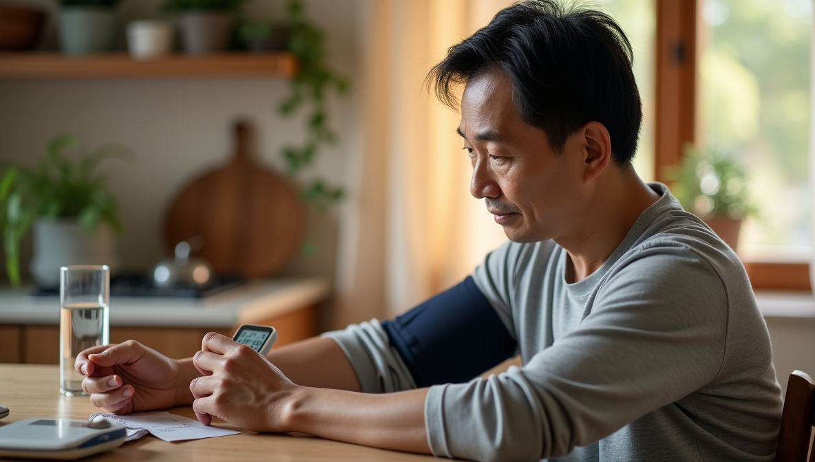 50대 남성이 혈압을 체크하며 관리하는 모습