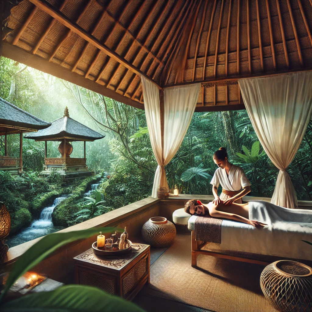 발리의 전통 마사지 스파에서 여행자가 편안하게 휴식을 취하는 모습
