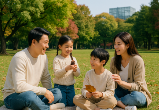 고양 호수공원 잔디밭에서 즐겁게 대화하고 있는 가족