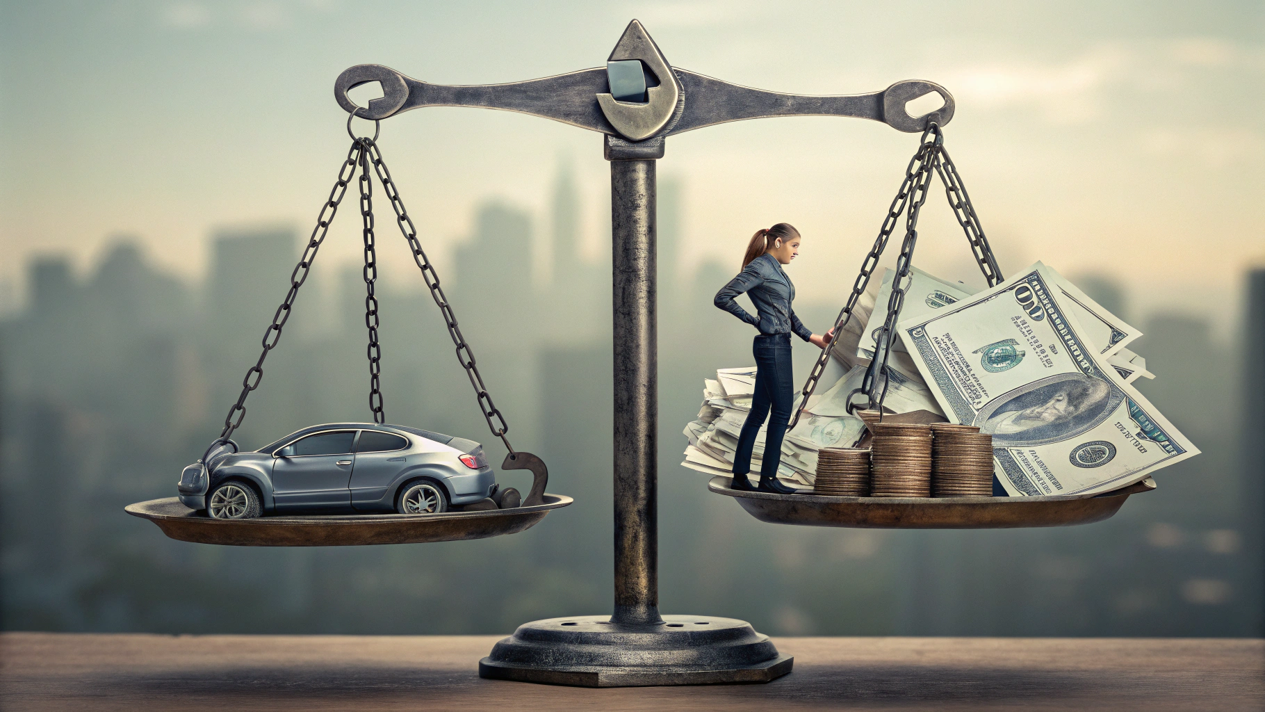 공동명의 단점을 표혆나 양쪽 저울에 자동차와 돈을 담은 이미지