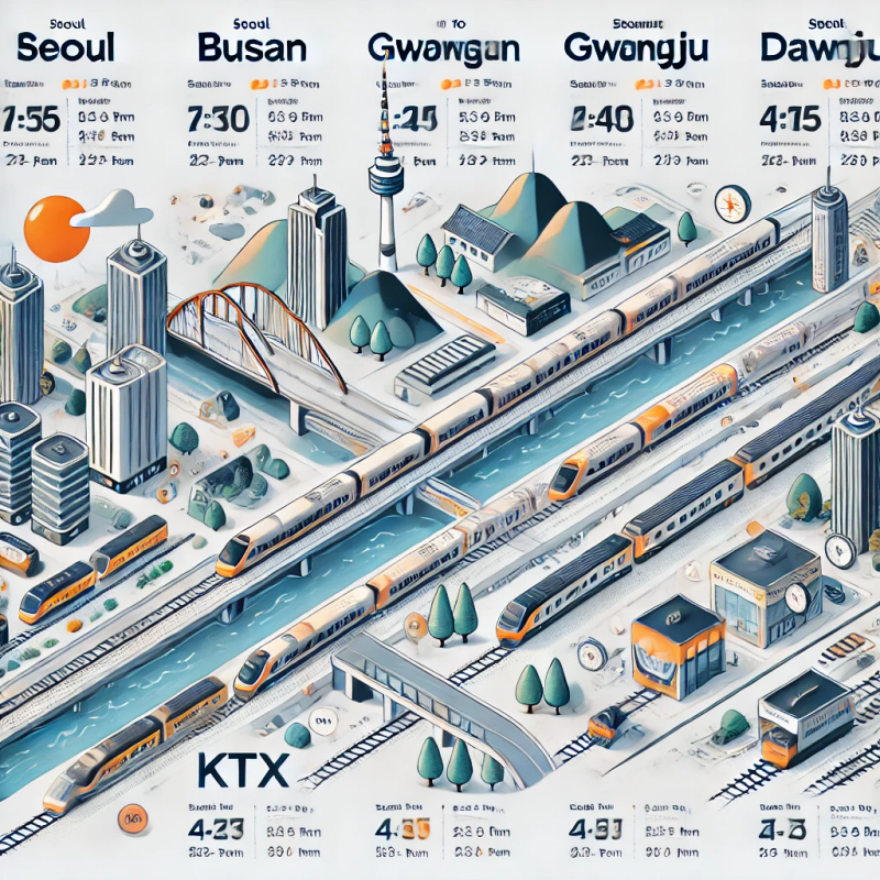 서울-부산&amp;#44; 서울-광주&amp;#44; 서울-대전 노선을 포함한 KTX 열차 시간표를 도식화한 인포그래픽 스타일