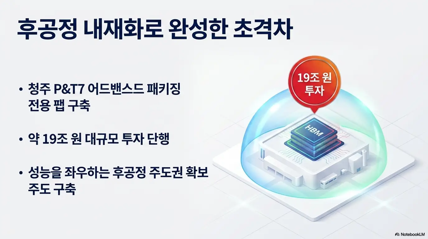 SK하이닉스 주가 전망: SK하이닉스 청주 P&T7 후공정 내재화 전략을 보여주는 이미지. 어드밴스드 패키징 전용 팹 구축과 약 19조 원 대규모 투자, 성능을 좌우하는 후공정 주도권 확보를 시각적으로 전달하며, 블로그 본문의 청주 패키징 투자 내용을 설명함.