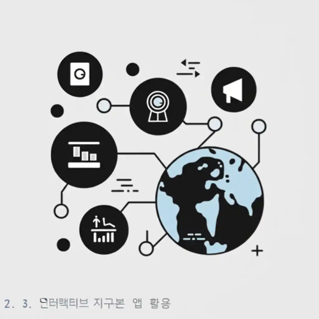 섹션 2.3: 인터랙티브 지구본 앱으로 세계 지도를 확대하여 크게보는 화면.