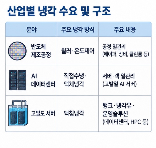 반도체 제조공정 칠러 AI 데이터센터 액체냉각 고밀도 서버 액침냉각의 차이를 표로 보여주는 이미지