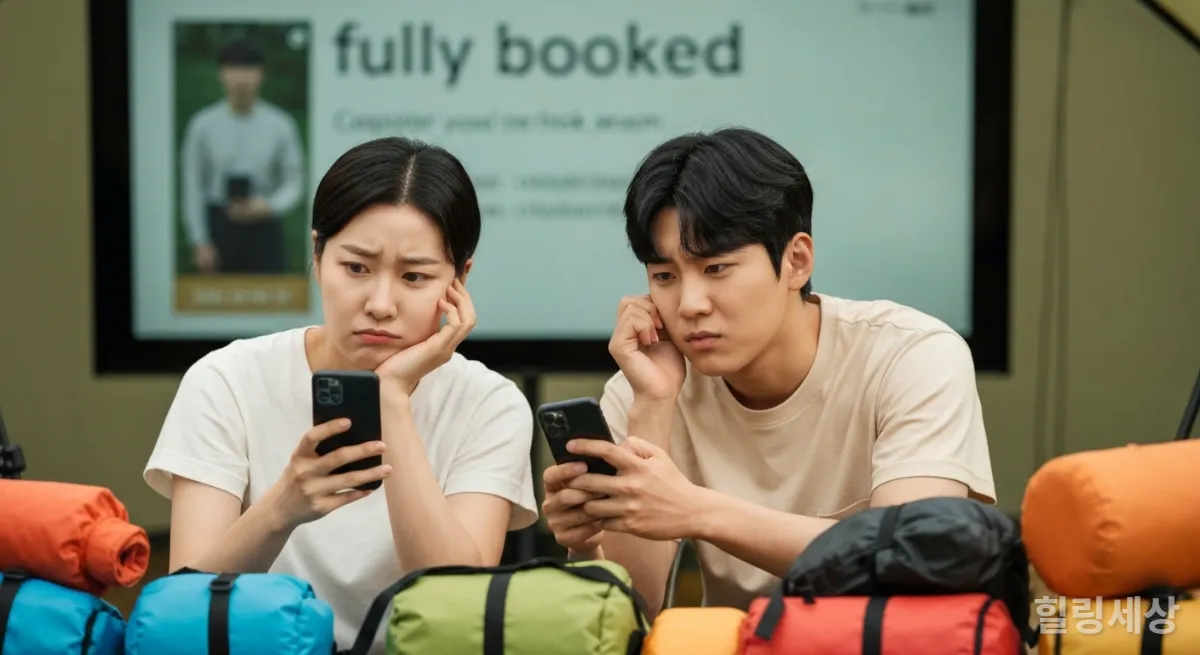 캠핑장 예약에 실패해 좌절하는 한국인 커플의 모습