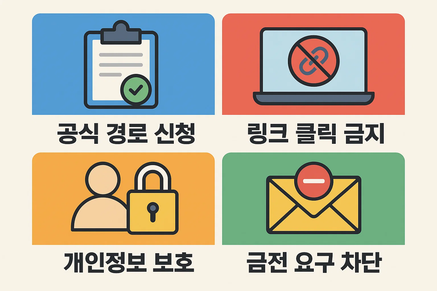 정부지원 대출 사기를 피하기 위해 공식 경로 신청, 링크 클릭 금지, 개인정보 보호, 금전 요구 차단 등 실천 가능한 예방 기준을 정리한 이미지입니다