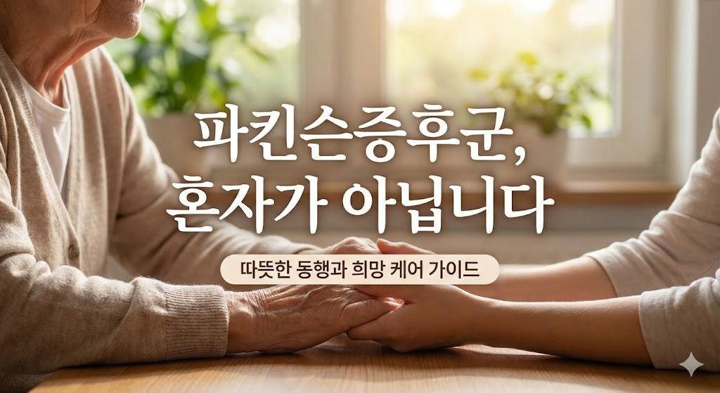 따뜻한 햇살이 드는 창가에서 노인의 주름진 손을 젊은 보호자가 두 손으로 꼭 잡고 있는 모습을 담은 감성적인 사진 썸네일