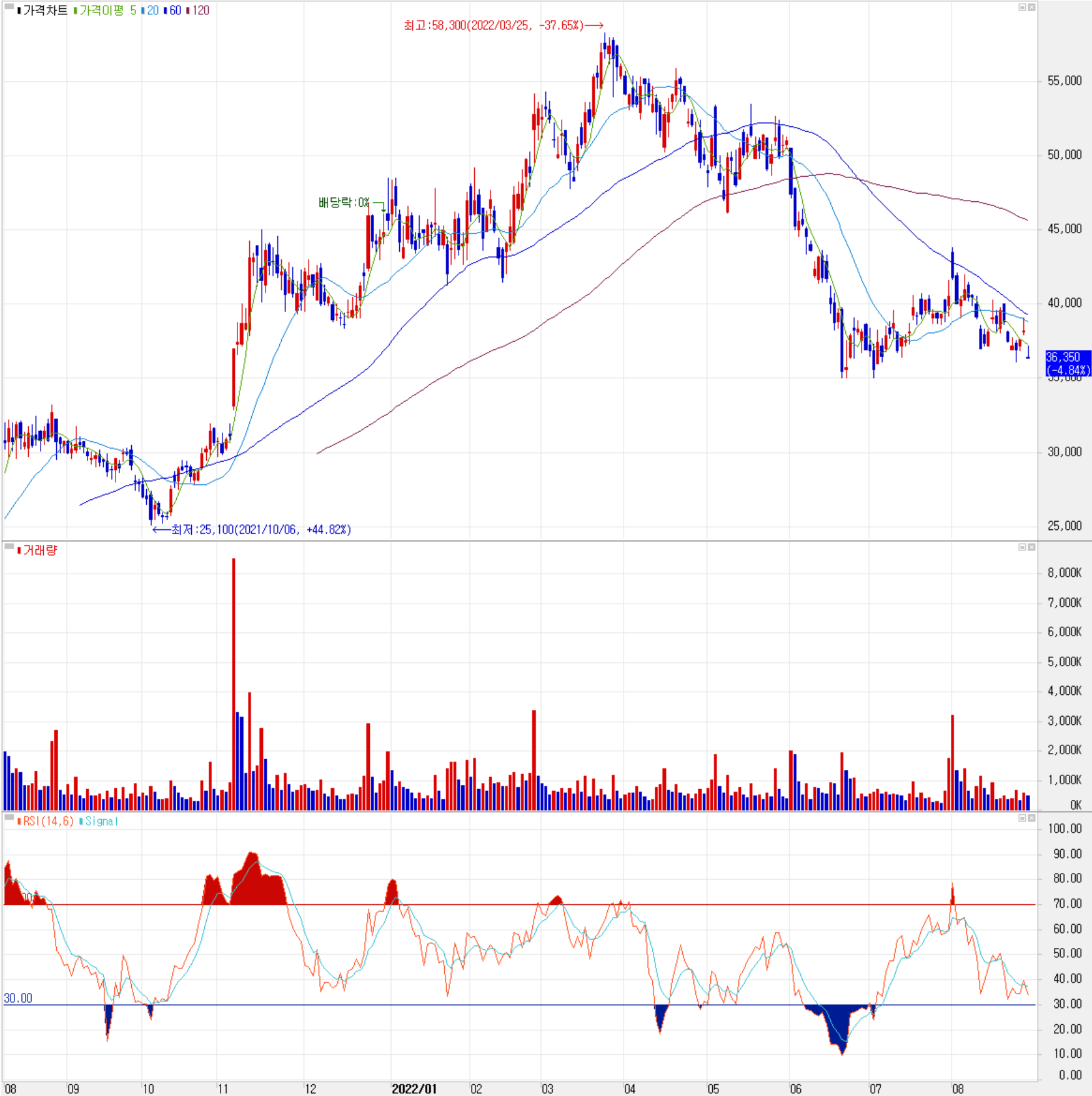 심텍 - 주식 시세 (일봉: 2021.08 ~ 2022.08)