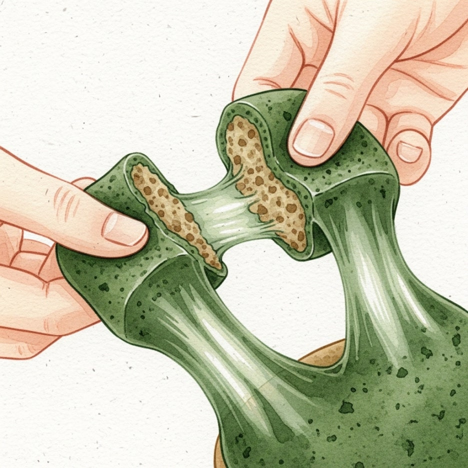 쑥떡의 쫄깃한 질감과 진한 초록빛을 강조한 수채화