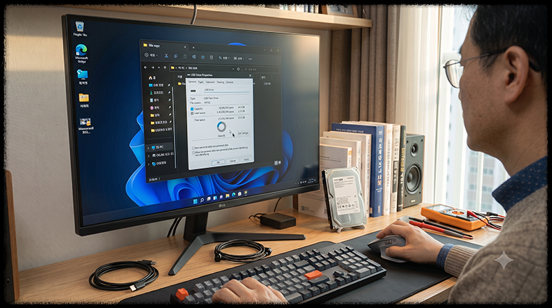 Windows 11 USB 속성에서 파일 시스템이 FAT32인지 확인하는 모습