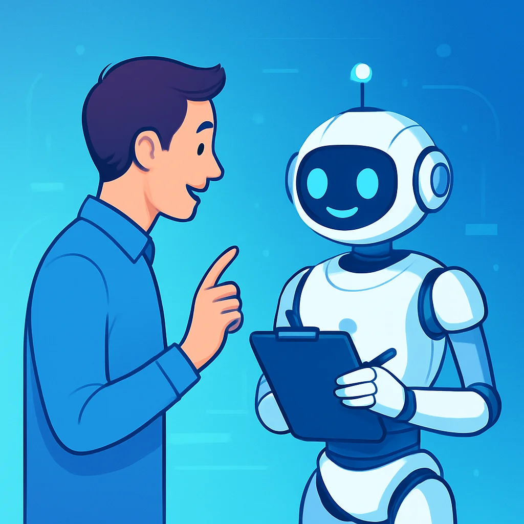 친근한 로봇 어시스턴트에게 프롬프트를 전달하는 사람