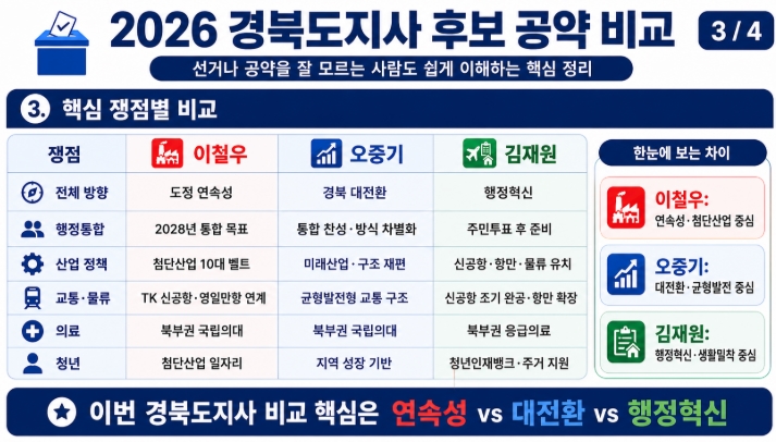 2026 경북도지사 후보 공약 비교 이철우 오중기 김재원 핵심정리